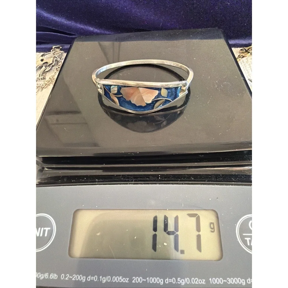Sterling Silver 925 Abalone Blue Floral Bangle Bracelet Taxco Mexico